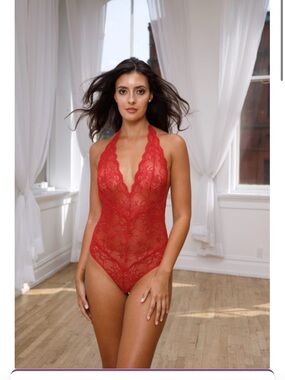 Samantha Chang Red Lace Halter Bodysuit Chemise